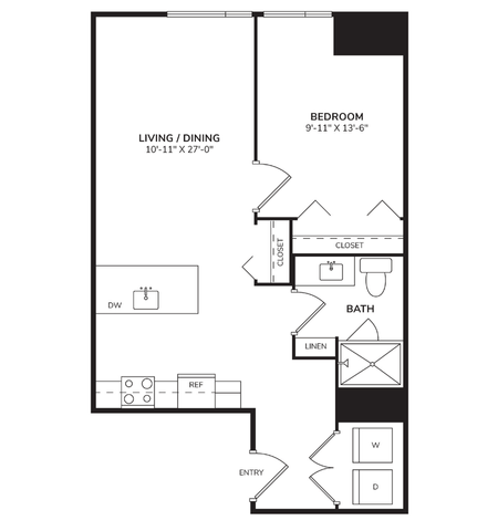 Floor plan for 1 bed, 1 bath, 690 sqft
